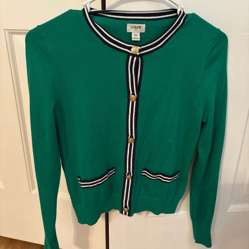 J. Crew Green Cardigan Sweater with Striped Trim